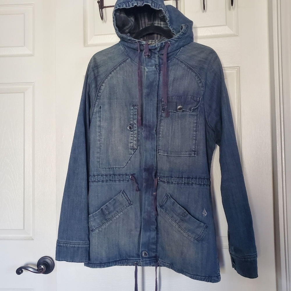 Vintage Volcom Denim Flannel Jacket Full Zip + Button Hooded Heavyweight Size 32 - Picture 7 of 16